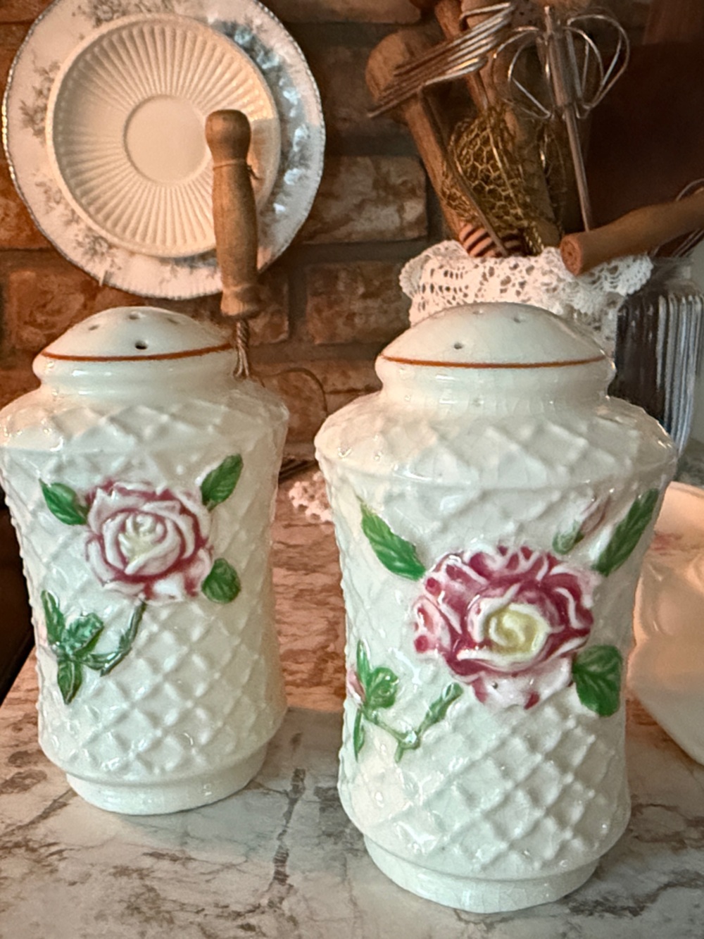 Vintage Ceramic Rose Salt and Pepper Shakers - White with Pink Roses